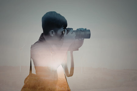 A photographer is seen taking a picture of a vast desert landscape during sunset. The image features...
