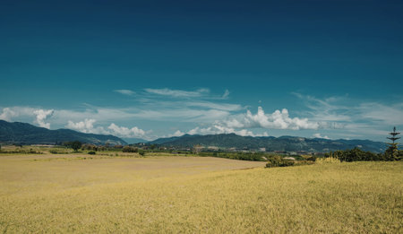 A vast, lush green field stretches out under a clear blue sky with scattered white clouds. In the distance, rolling hills and mountains create a picturesque backdrop.の写真素材