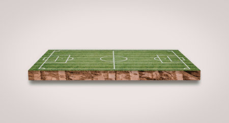 A soccer field painted on a wooden surface, with visible wood grain and texture. The field includes goal areas and boundary lines.の写真素材