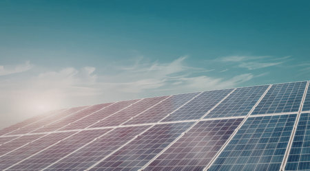 A vast array of solar panels aligned in rows, capturing sunlight under a clear blue sky with a few...