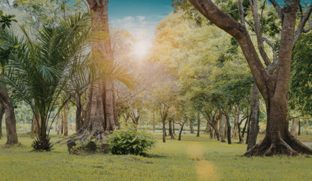 A serene tropical forest glade bathed in sunlight, featuring tall trees with lush green foliage and vibrant grass.の写真素材