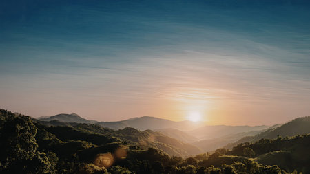 A serene landscape featuring rolling hills bathed in the warm glow of a rising sun. The sky is...