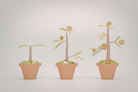 An image showcasing three stages of plant growth, each in a separate terracotta pot. The plants are depicted at different stages of maturity, illustrating the progression from seedling to mature plant.の写真素材