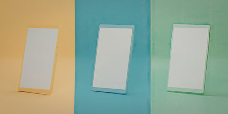Three smartphones displayed against vibrant yellow, blue, and green backgrounds.