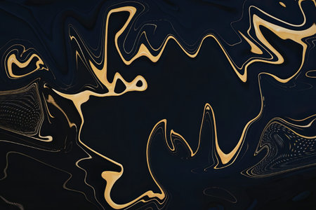 A sophisticated abstract design featuring swirling gold patterns on a dark blue background, creating a luxurious and modern aesthetic.の写真素材