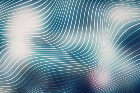 A mesmerizing digital artwork featuring a blue waveform pattern with glowing white lines and shining lights, creating a sense of dynamic movement and energy.の写真素材