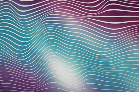 An abstract image featuring wavy white lines on a gradient background transitioning from purple to blue, creating a dynamic and colorful visual effect.の写真素材
