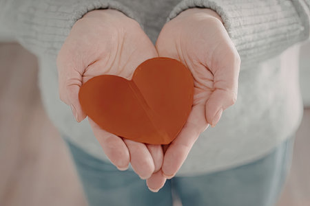 a person wearing a grey sweater and blue jeans holding a red heart in their cupped handsの写真素材