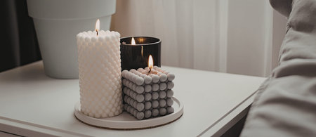 A serene still life with lit candles on a tableの写真素材