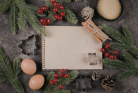 A spiral-bound notebook surrounded by Christmas decorations, including pine branches, red berries, cinnamon sticks, pinecones, and eggs on a dark surface.の写真素材