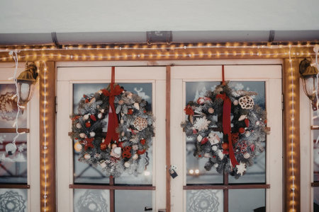 A pair of Christmas wreaths adorn the double doors of a house, surrounded by festive lights.の写真素材
