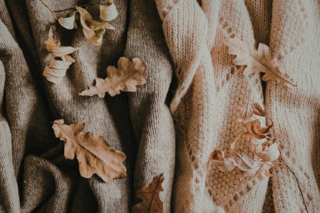 A close-up view of a textured fabric with autumn leaves and a cozy atmosphere.の写真素材