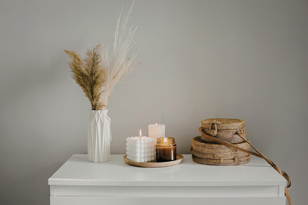 A serene and inviting home decor setup featuring a vase with pampas grass, lit candles, and a wicker basket on a white table against a soft gray background.の写真素材