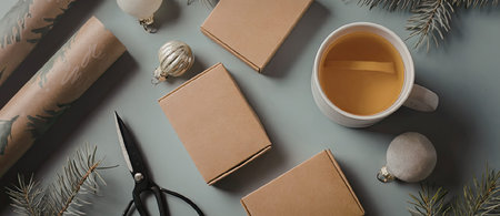 A flat lay of crafting materials for Christmas gift wrapping and decoration, including brown paper, scissors, ornaments, and a cup of tea.の写真素材