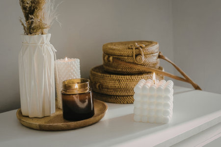 A serene home decor setup featuring lit candles and a vase with dried flowers on a white mantle.の写真素材