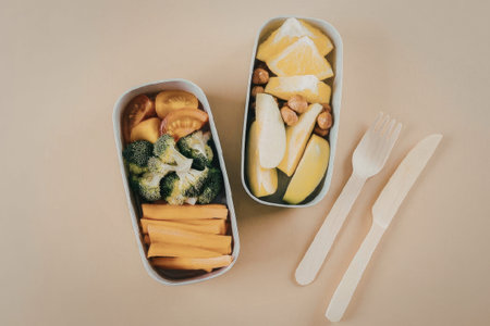 Two containers with healthy food and wooden utensils on a beige backgroundの写真素材
