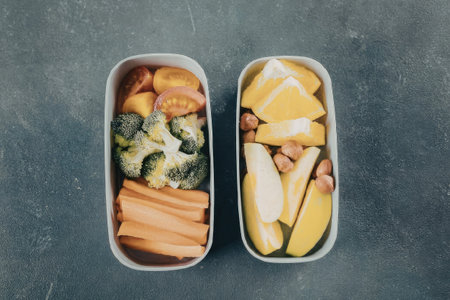 A top-down view of two plastic containers filled with a variety of healthy snacks. One container holds bright orange carrot sticks, green broccoli florets, and red tomato slices. The other container contains yellow orange wedges, green and yellow apple slices, and small brown nuts. The containers are set against a dark, textured gray surface, suggesting a prepared and nutritious meal for the day.の写真素材