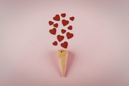 An ice cream cone with red hearts floating above it on a pink backgroundの写真素材