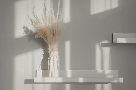 A serene and modern interior scene featuring floating shelves and a vase with dried plants, illuminated by natural light.の写真素材