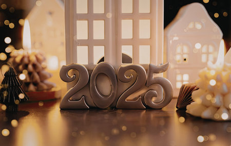 A festive table setting with a 2025 sign, lanterns, and Christmas decorations.の写真素材