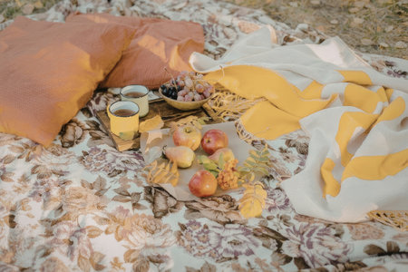 A picnic setup with a colorful blanket, a plate of fresh fruits, and two pillows.の写真素材