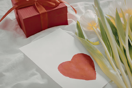 A beautiful flat lay of a red gift box tied with a ribbon, a bouquet of fresh white tulips, and a card featuring a painted red heart, all resting on a white fabric surface, perfect for Valentine's Day or a romantic surprise.の写真素材