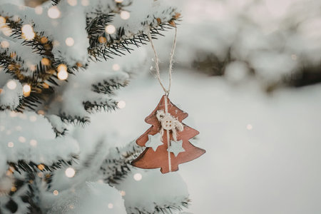 A close-up of a red Christmas tree ornament hanging from a snow-covered tree branch with lights.の写真素材
