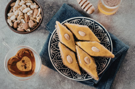 A plate of traditional baklava dessert with nuts and honey, served on a blue napkin with a bowl of nuts, a glass of tea, and a honey jar.の写真素材