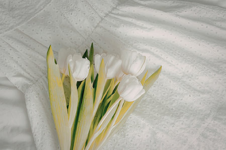 A bouquet of white tulips with green stems placed on a soft, white fabric background.の写真素材