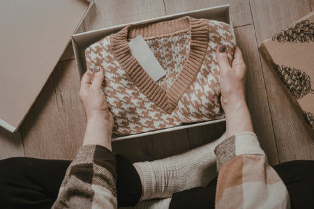 A person holding a sweater from a box, with the box and other packaging materials visible.の写真素材