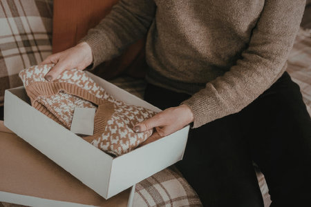 A woman in a brown sweater unpacking items from a white boxの写真素材