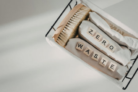 A black wire basket contains a wooden comb and rolled-up cloths with 'zero waste' written on them, promoting eco-friendly living.の写真素材