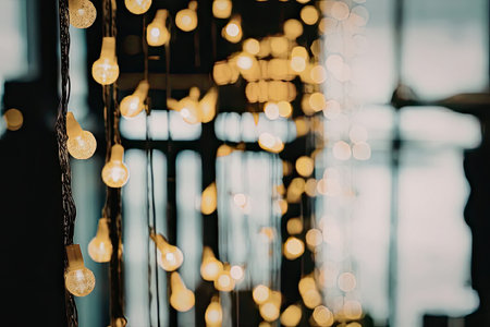 A close-up view of string lights with a blurred background, emphasizing the warm glow of the bulbs.の写真素材