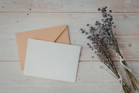 a white card and a brown envelope on a wooden table with a bouquet of lavender