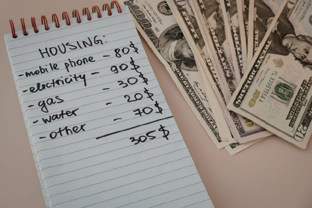 A notebook page with a list of housing expenses and dollars bills on a tableの写真素材