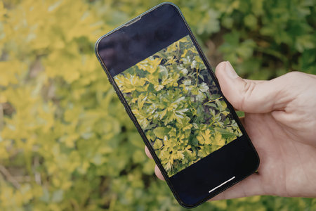 A close-up of a hand holding a smartphone with a screen displaying a leafy pattern, set against a...