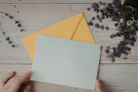 A hand holding a white card and a yellow envelope on a wooden table with flowers