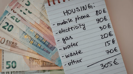 A piece of lined paper with a list of housing expenses written on it next to a fan of Euro banknotesの写真素材