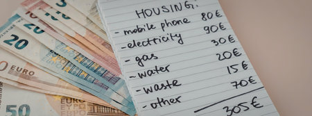 A close-up of a handwritten list of household expenses alongside a stack of Euro banknotes.