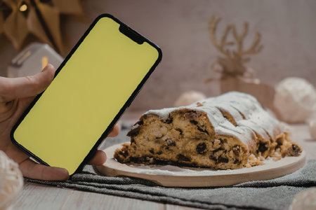 A hand holding a phone with a green screen near a delicious stollen cake on a plate