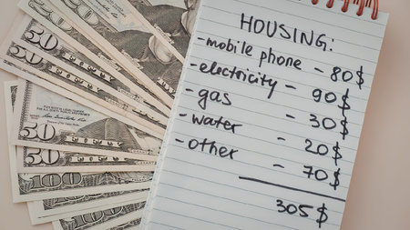 A piece of paper with a list of housing expenses, including mobile phone, electricity, gas, water, and other, with corresponding costs, placed next to a stack of US dollar bills.の写真素材