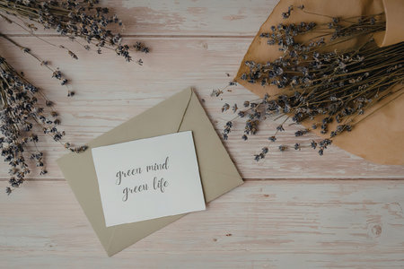 A serene still life featuring a card with the phrase 'green and green life' on a green envelope,...