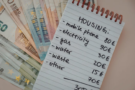A notebook with a list of housing expenses and euro bills on a table.の写真素材