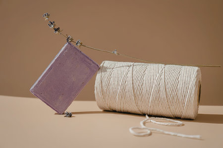 a purple object and a spool of thread on a tableの写真素材