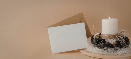 A serene Christmas card setup with a white candle, brown envelope, and blank card on a beige background.の写真素材