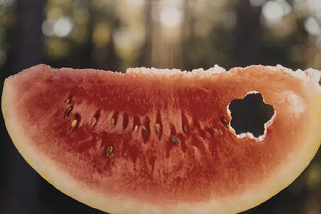 a close-up of a watermelon slice with a hole in itの写真素材
