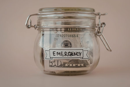 A clear glass jar with a metal clasp and a label that reads 'EMERGENCY' is shown with little to no...