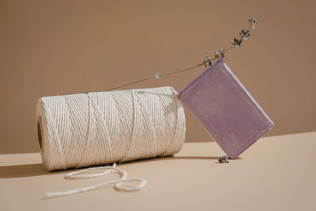 A spool of white thread with a few loose threads and a small purple object attached to a metal arm