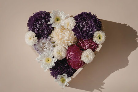A heart-shaped arrangement of purple, pink, and white flowers on a beige background.