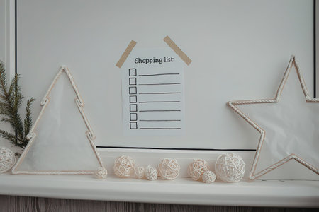 A Christmas shopping list on a fridge with decorations
